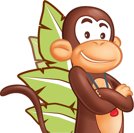 Caco, o macaco da Macakids, com uma folha de bananeira